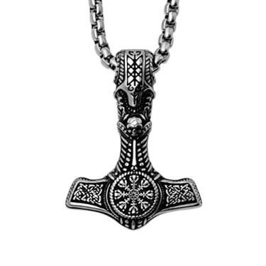 Imagem de HAQUIL Mjolnir Necklace, aço inoxidável Viking Thor Hammer Helm of Awe Skull Pendant, Box Chain, Viking Jewelry Gift for Men