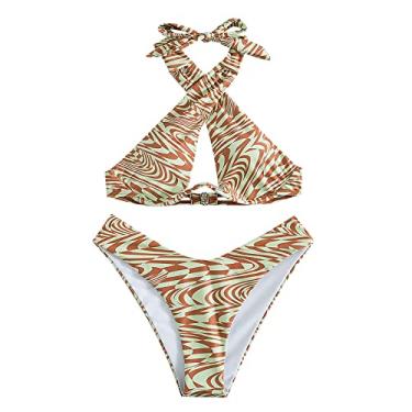 Imagem de Conjunto de biquíni feminino de praia, roupa de banho atrevida, plus size, , controle de barriga, biquíni de cintura alta, Laranja, M