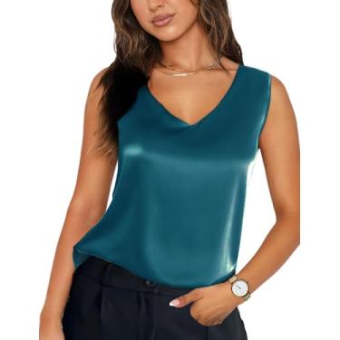 Imagem de Buauty Regatas femininas de cetim de seda com gola V, camisetas femininas sem mangas, camisetas femininas básicas formais, Azul, verde, XXG