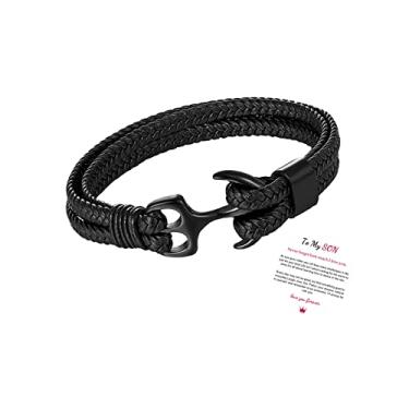 Imagem de DIOWUS Pulseira trançada feita à mão de couro preto para homens para meu filho/neto, fecho de ornamentos de aço inoxidável gravado com "Love You Forever" para ele joia de aniversário de Natal para