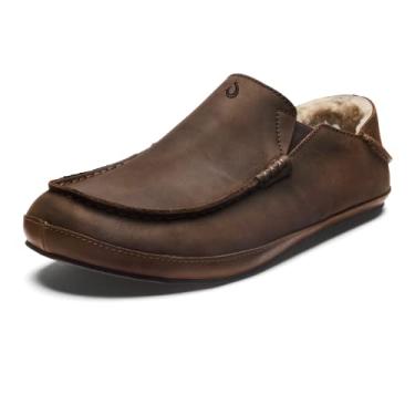 Imagem de OLUKAI Moloa Slipper, sapatos masculinos de couro premium, forro macio de couro genuíno e inserção de gel, salto embutido e conforto durante todo o dia, Madeira Dk / Madeira Dk, 44