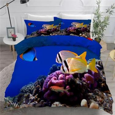 Imagem de Jogo de cama com capa de edredom azul profundo, tamanho king, peixe pequeno, 3 peças, texturizada, de microfibra macia, 264 x 228 cm e 2 fronhas, com fecho de zíper e laços