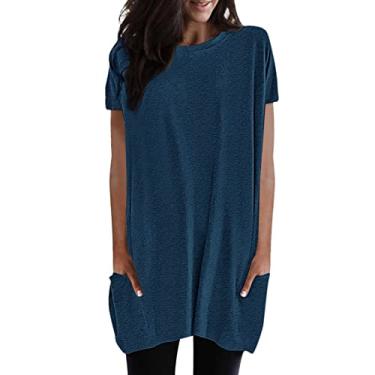 Imagem de Lainuyoah Blusas de verão plus size para o trabalho tops elegantes camisa longa de verão para usar com leggings manga curta blusa grande, A - azul-marinho, Large