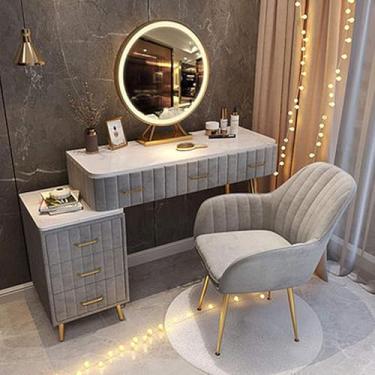 Imagem de Penteadeiras para quarto com gavetas laterais Mesa com tela sensível ao toque Luzes LED Espelho Mesa de toucador de bancada em mármore com cadeira de veludo 100 cm, cinza, 100 x 40 x 76 cent