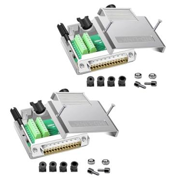 Imagem de Willwewon 2 peças macho DB25 conector de metal sem solda, RS232 D-SUB Serial para 25 pinos plugue terminal bloco terminal placa breakout com caixa parafusos longos tubo de cauda