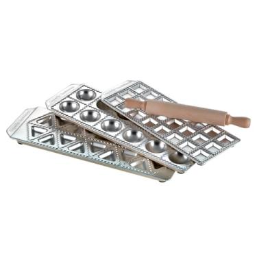 Imagem de Imperia Conjunto de máquina de ravioli - Inclui 3 bandejas e rolo de madeira - Acessório de máquina de macarrão para ravioli recheado - Construção de alumínio durável - Prensa faz 3 formas diferentes