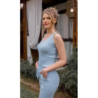 Imagem de Regata Canelada Tricot Feminina - Michele Tricot, GG, Azul blue sky