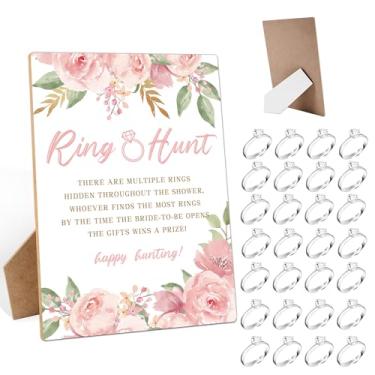 Imagem de Jogos de chá de panela com anéis, placa de madeira The Ring Hunt Game e 30 mini anéis de plástico, flores cor-de-rosa, chá de casamento, festa de noivado, lembrancinhas de decoração de despedida de