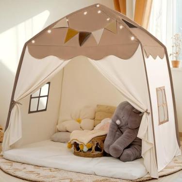 Imagem de Barraca infantil extragrande com bandeiras e luzes de estrelas, tenda portátil e dobrável, tenda de cama para meninos e meninas, casa de brincar interna e externa, presente de aniversário para