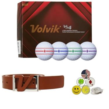 Imagem de Bolas de golfe premium Volvik Tour VS4, pacote com 1 dúzia de cintos de couro sólido italiano genuíno (marrom), unissex e 5 marcadores de bola e 1 clipe magnético para chapéu
