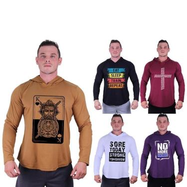 Imagem de Kit 5 Camisetas Manga Longa com Touca Longline Estampada Treino Academia Lazer Casual-Masculino