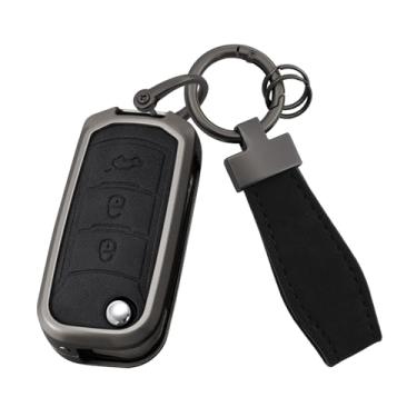 Imagem de HIBEYO Capa de chaveiro compatível com Trumpchi GS3 GS4 GS5 GS7 GS8 M6 M8 GA3 GA4 GA5 GA6 GA8 2018 2019 2020 Acessórios Suporte de chave inteligente dobrável de couro e liga de zinco com chaveiros-B