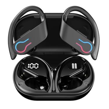 Imagem de Fones de ouvido abertos Bluetooth 5.4, fones de ouvido sem fio 2024 esportivos sobre fones de ouvido microfone embutido com ganchos de ouvido 50H Playtime Fones de ouvido com tela de LED, capa de