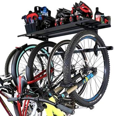 Imagem de StoreYourBoard Suporte de garagem essencial para 5 bicicletas, armazenamento de bicicleta de parede, sistema de gancho ajustável (5 bicicletários + prateleira)