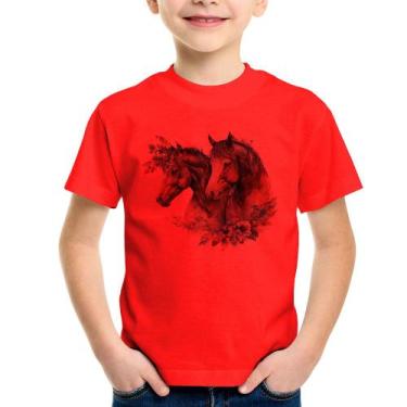 Imagem de Camiseta Infantil Casal de cavalos e flores - Foca na Moda, Vermelho, 