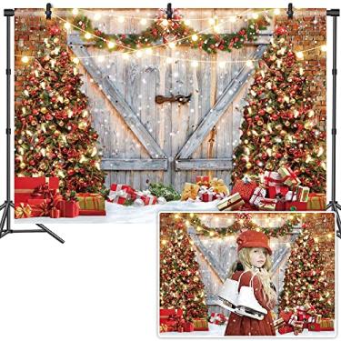 Imagem de DASHAN 3 x 2 m poliéster pano de fundo de Natal árvore de natal tijolo vermelho parede porta de celeiro floco de neve foto fundo para festa de natal família crianças retrato fotografia faixa adereços de estúdio