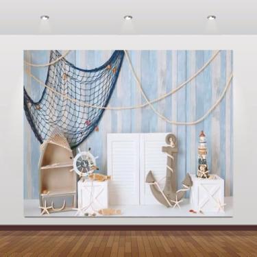 Imagem de Tema de leme náutico para aniversário de bebê, fotografia de 3 x 2 m, veleiro de madeira azul, veleiro, oceano, pirata, festa, cenário, veleiro, barco, quadro de madeira, fundo de retrato infantil