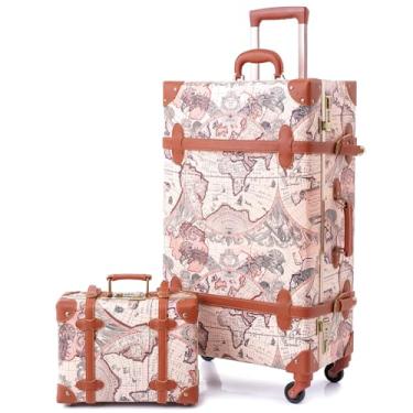 Imagem de urecity Conjunto de 2 malas vintage, mala de viagem retrô com rodas para homens e mulheres, lindo conjunto de bagagem de viagem com bolsa de embarque, bagagem sem zíper aprovada pela TSA, Estampa de
