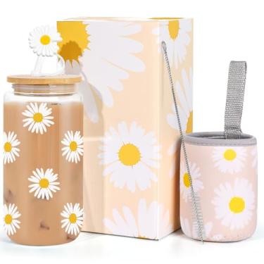 Imagem de Xícaras estéticas margaridas, copo de café gelado, copos de vidro fofos de 473 ml com tampas e canudos - copo de caneca de flor, copo de vidro para beber - Natal, presentes de aniversário para