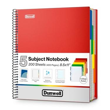 Imagem de Dunwell Caderno de 5 assuntos com pauta universitária 21,5 x 28 cm (vermelho) - 200 folhas (400 páginas), caderno espiral 21,5 x 28,5 cm com abas, divisórias móveis, bolsos, capas de plástico