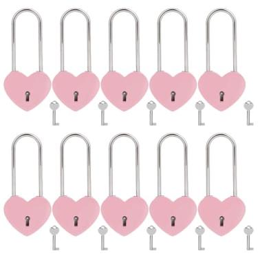 Imagem de VeYocilk 10 peças Love Lock 3,5" (50 mm) tinta de borracha rosa coração cadeado afiado para ponte, aniversário de casamento, presente de viagem (com chave)