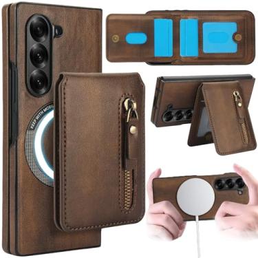 Imagem de Fofvccv Capa magnética destacável 2 em 1 para Samsung Galaxy Z Fold 6, compatível com MagSafe Capa carteira com suporte para cartão de suporte, bloqueio de RFID, bolsa de couro com zíper para Z Fold6