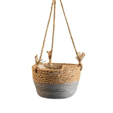 Imagem de Cesta de flores tecida, mini cesta rústica estilo retrô, cesta de jardim com corda de juta, cesta decorativa de palha multiuso para uso em sala de estar, quarto, cozinha, jardim, (Cinza)