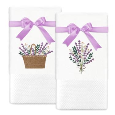 Imagem de JarThenaAMCS 2 peças de toalhas de mão de flor de lavanda toalha de banho bordada de algodão toalha de prato floral roxa para primavera verão secagem de mão limpeza cozinhar, 75 x 34 centímetros
