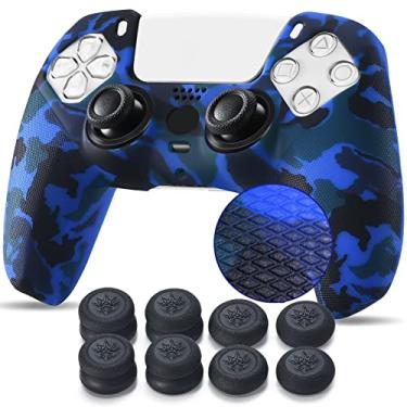 Imagem de Capa de silicone YoRHa com impressão cravejada para controle Sony PS5 Dualsense x 1 (azul escuro) com apoios de polegar profissionais x 10