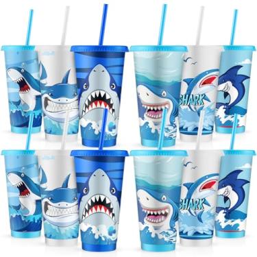 Imagem de Qilery 12 copos de tubarão com tampas e canudos, copos de plástico de 680 g, copos reutilizáveis com tampas e canudos, caneca de viagem de café gelado de tubarão, copos de bebida fria para
