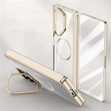 Imagem de Capas magnéticas para Samsung Galaxy Z Fold6 Capa galvanoplastia mola dobradiça suporte de lente, película dourada HD, para Galaxy Z Fold6