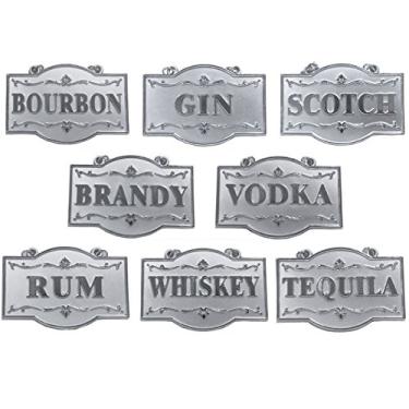 Imagem de Conjunto de etiquetas de bebidas Amlong Plus Deluxe para garrafas ou decantadores, cor prateada, conjunto de 8 com corrente ajustável (Bourbon, conhaque, gin, rum, uísque, tequila, vodca e uísque)