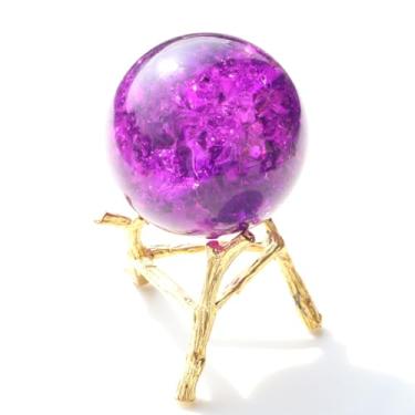 Imagem de Bolas de cristal rachadas de gelo de 50 mm com base de ramos de metal peso de papel K9 bola decorativa de vidro decoração para casa, mesa, quarto, escritório, enfeites de casamento (Roxo)