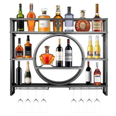 Imagem de Rack de vinho de 139.7 cm montado na parede, prateleiras modernas de metal com garrafa de licor e suporte de vidro, prateleira de exibição de garrafa de licor de bar de 3 níveis, montada na parede