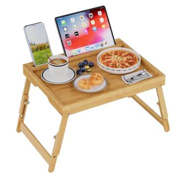 Imagem de Artmeer Bandeja de cama com pernas dobráveis, bandeja de bambu para café da manhã com compartimento de mídia, use como travessa, mesa de laptop, lanche, bandeja de TV, bandeja de servir de cozinha