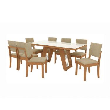 Imagem de Conjunto de Mesa de Jantar Retangular com Tampo de Vidro Off White Cinara e 8 Cadeiras Luna Bouclé Bege e Canela