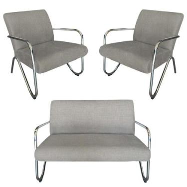 Imagem de Kit Namoradeira + 2 Poltronas Decorativa Bela Linho Bege Braço Cromado