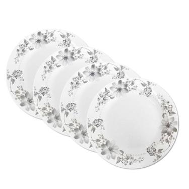 Imagem de Jogo 4 Prato Raso De Vidro Branco Flores Cinza Flowers Grey 26cm Em Casa Tem