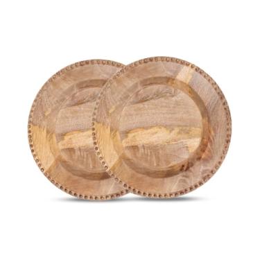 Imagem de Conjunto de 2 carregadores de madeira natural para pratos de jantar - Jogo americano decorativo com contas de madeira redondas de 33 cm para decoração de mesa de jantar, casamento, festa, reunião de