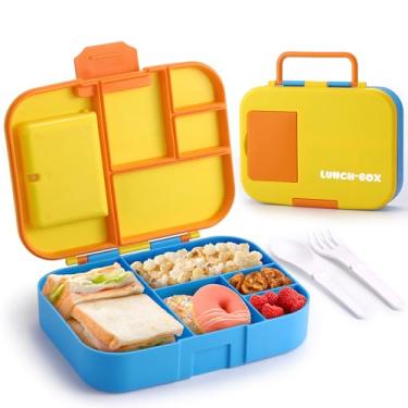 Imagem de Sunhanny Caixa Bento para crianças, lancheira fofa para meninas e meninos, lancheira escolar infantil para creche com 5 compartimentos, lancheira infantil com utensílios e copo de molho, amarelo e