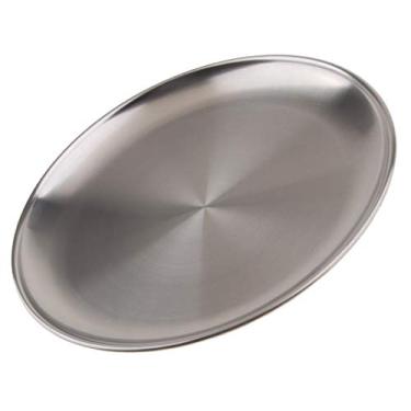 Imagem de Bandeja de garçons de aço inoxidável Flameer redonda bandeja de serviço, prato de jantar, prato saudável e elegante – prata, 14 cm