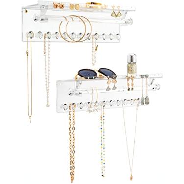 Imagem de Oaque Organizador de joias de acrílico para pendurar na parede com prateleira flutuante, organizador de colar, organizador de brincos e suporte de pulseira para mulheres e meninas (pacote com 2)