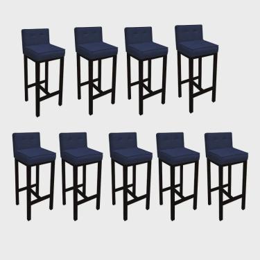 Imagem de Kit 09 Banqueta Alta Com Encosto Alba Cozinha Balcão Bistrô Base Madeira Preto Suede Azul Marinho - Ahz Móveis