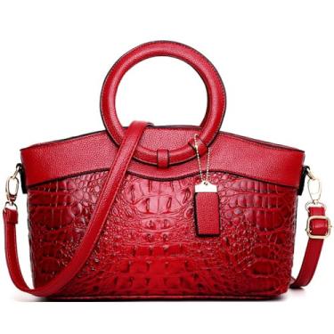Imagem de Caalaay Bolsas femininas de couro PU com padrão de crocodilo bolsa com alça circular bolsa de ombro feminina, Vermelho, One Size