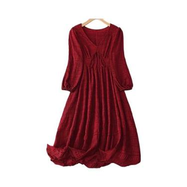 Imagem de Vestido Midi plus Size Com Decote Em V, Casual, Texturizado, Mangas La