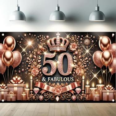 Imagem de Starlit Patio Pano de fundo de aniversário de 50 anos 178 x 109 cm faixa preta de festa elegante coroa balão e decorações de presente fabuloso fundo de cabine de fotos para mulheres e homens