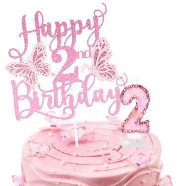 Imagem de Conjunto de velas de aniversário de borboleta para meninas, lantejoulas rosa, número de borboleta, 2 velas e borboleta com glitter, topo de bolo de feliz aniversário de 2 anos para meninas, mulheres