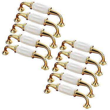 Imagem de Puxadores de armário de cerâmica vintage listras brancas de liga de zinco banhados a ouro puxadores puxadores, puxador de armário de gaveta tradicional, ferragens de cozinha de banheiro de quarto