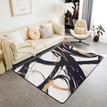 Imagem de jejeloiu Tapete para sala de estar, linha de arte abstrata, dourado, preto, 12 x 18 cm, estampa geométrica, moderna, para ambientes internos minimalistas, linha de tinta, tapete para casa