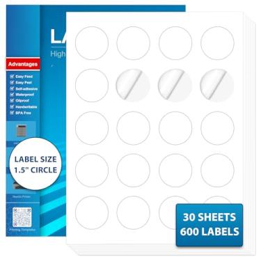 Imagem de JollyTrip Papel adesivo para impressora jato de tinta, papel adesivo circular imprimível de 3,8 cm, folhas de adesivos brancos, etiquetas adesivas redondas para correspondência (30 folhas, 600
